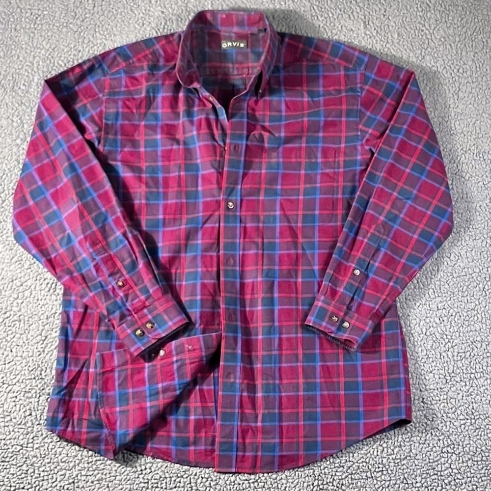 Orvis Mens Red Blue Plaid Long Sleeve Button Down Shirt Size XLT